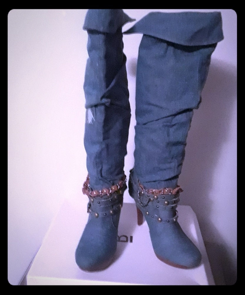 Denim over the knee boots.